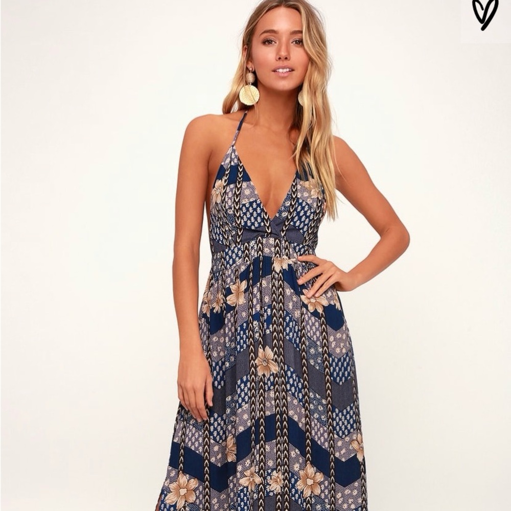 LULUS Annalisa blue floral multiprint halter maxi dress..